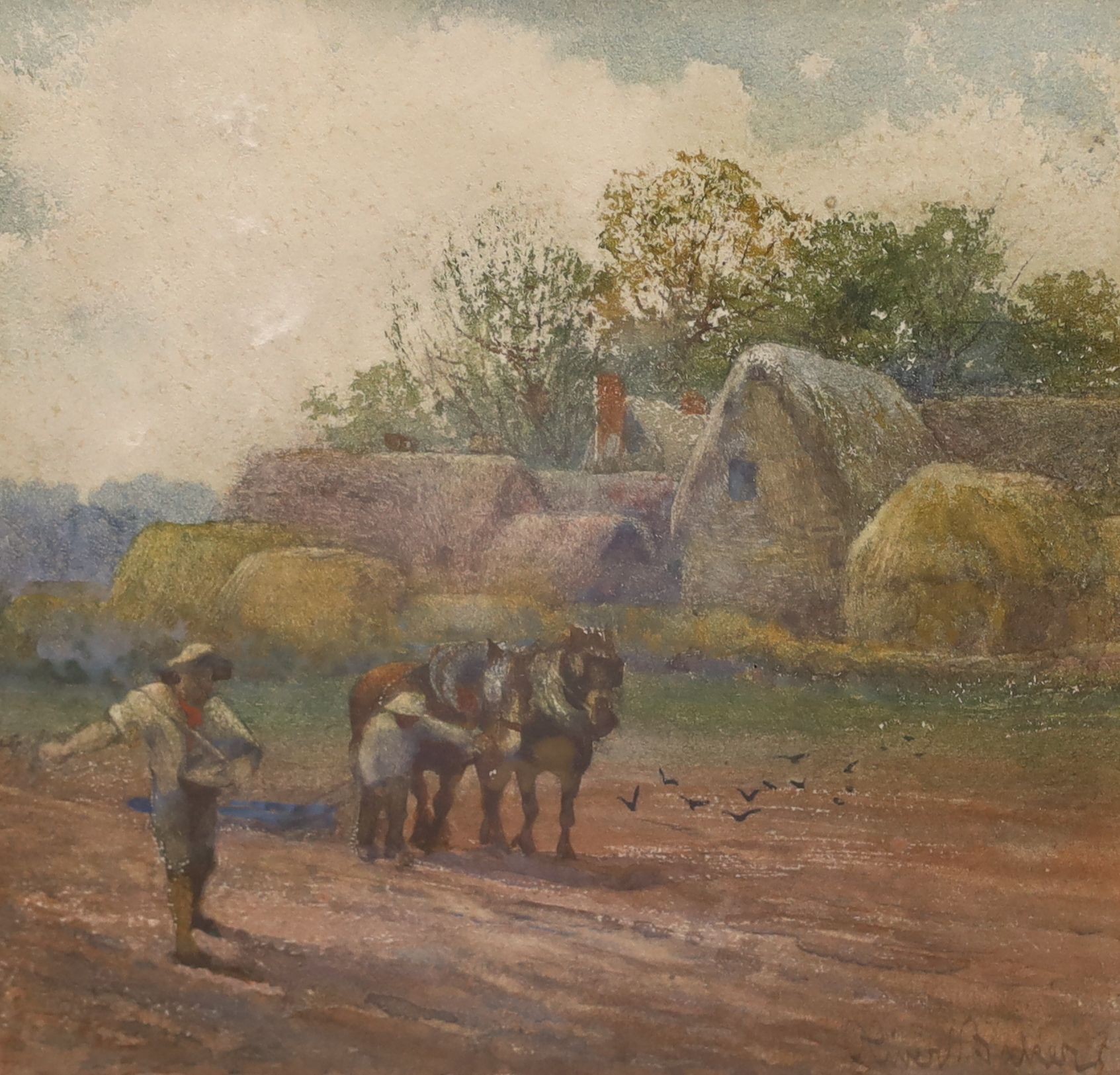 Oliver Baker (1856-1939), watercolour, Sowing the fields, signed, 18 x 19cm